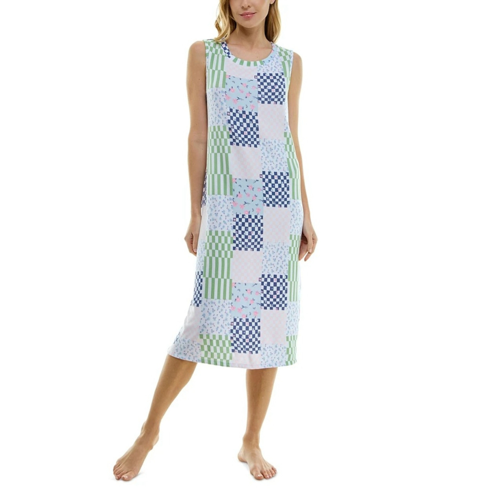 Roudelain Small White & Blue Patchwork Printed Sleeveless Soft Nightgown NWT